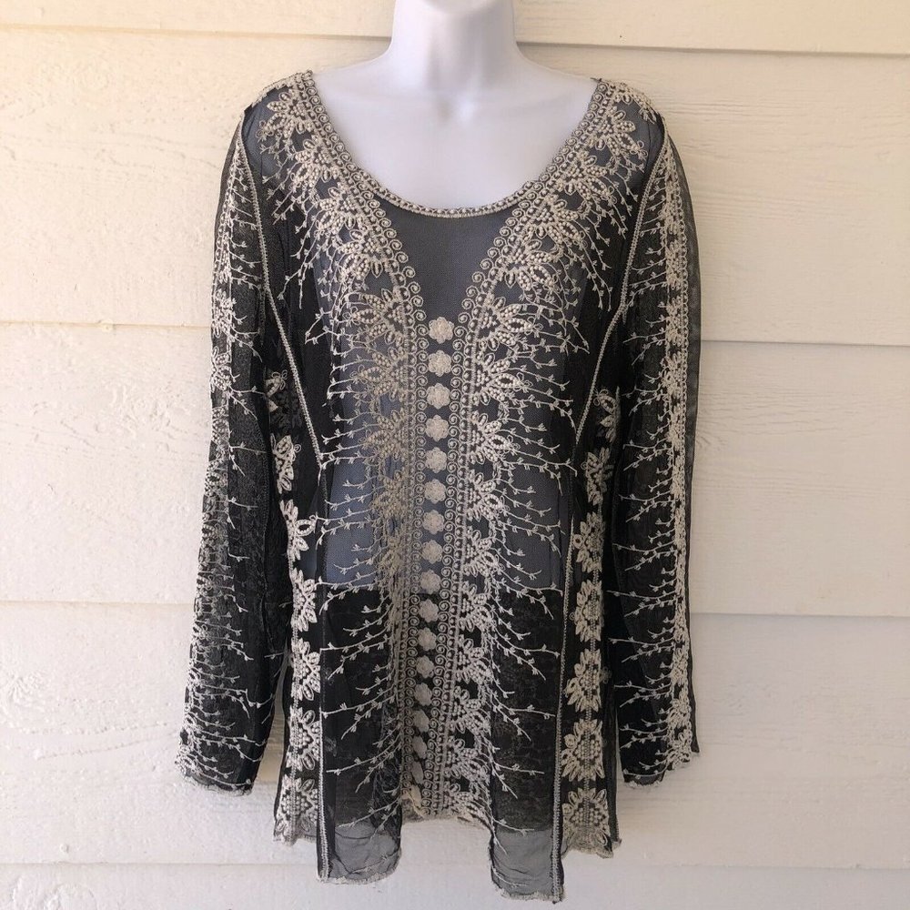 Capri Size Large Sheer Beautifully Embroidered Black Long Sleeve Long Line Top